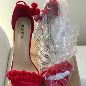 Red Pom Pom Lace-Up Stiletto Heels – Size 7.5
